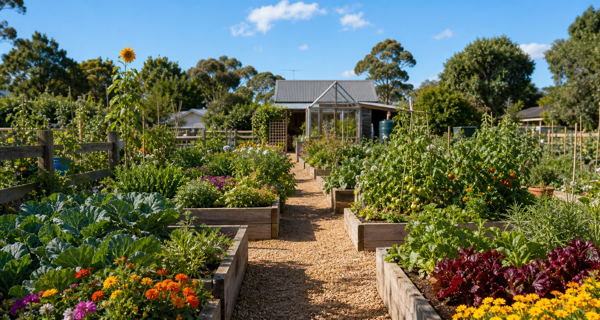 Photo-style view of the Green Valley Community Garden with raised vegetable beds, flowers, a gravel path, a timber fence, and a small greenhouse